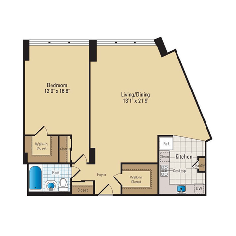 Floor plan for 1 bed, 1 bath, 835 sqft